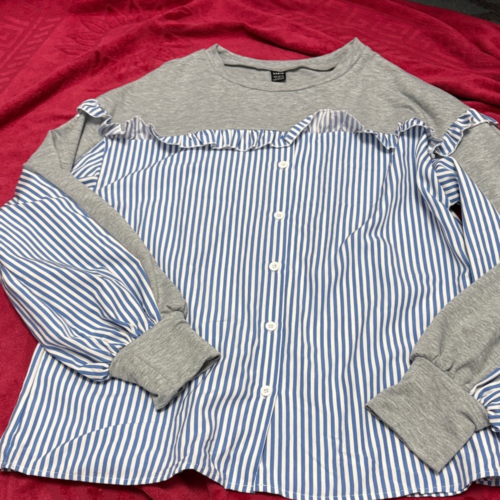 SHEIN Gray and Blue Striped long sleeve top